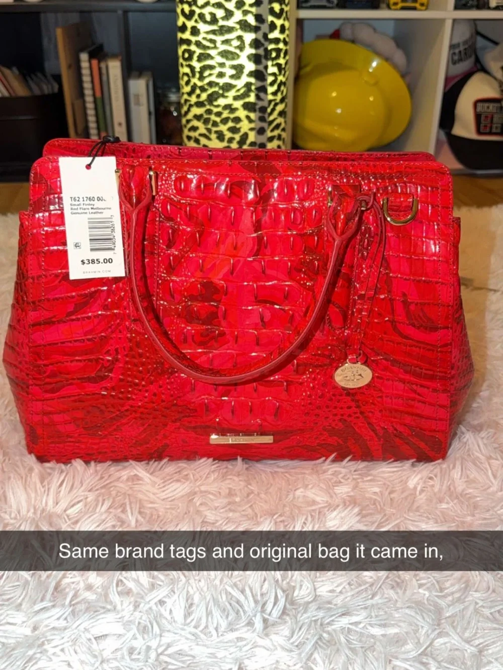 Brahmin Red Croc-Embossed Satchel with Gold Hardware